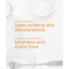 Load image into Gallery viewer, Infographic with lab glassware explaining how NeoGlucosamine fades discoloration and Niacinamide (Vitamin B3) brightens and evens skin tone.