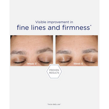 Load image into Gallery viewer, A side-by-side "Proven Results" comparison showing a person's eye area at Week 0 and Week 6 of twice-daily use. The images demonstrate visible improvement in the appearance of fine lines and skin firmness.