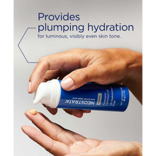 Load image into Gallery viewer, A lifestyle image of a person dispensing a dollop of pale yellow cream from the blue NeoStrata Hyaluronic Luminous Lift bottle onto their fingertip. Dark blue text above explains that the formula provides plumping hydration for a luminous, visibly even skin tone.