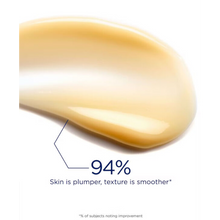 Load image into Gallery viewer, A close-up texture swatch of smooth, pale yellow NeoStrata Hyaluronic Luminous Lift cream. Dark blue text indicates that 94% of subjects noted plumper skin and smoother texture after use.