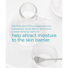 Load image into Gallery viewer, A laboratory-themed image featuring a clear glass flask and beaker. Teal text overlay explains that the "12% PHA blend (Gluconolactone and Lactobionic Acid)" forms a matrix to "help attract moisture to the skin barrier."