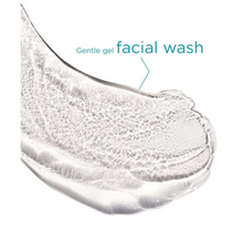 Load image into Gallery viewer, A close-up, high-angle view of a clear, bubbly gel texture swatch on a white background. Teal text with a pointer line identifies it as a "Gentle gel facial wash."