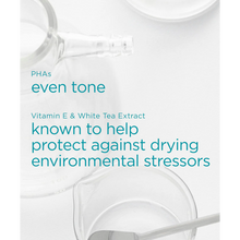 Load image into Gallery viewer, Infographic with laboratory glassware and text describing the benefits of PHAs, Vitamin E, and White Tea Extract for even skin tone and environmental protection.
