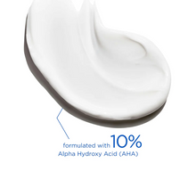 Load image into Gallery viewer, A smooth, curved swatch of white NeoStrata Glycolic Renewal Smoothing Cream against a white background. Blue text below states the formula is "formulated with 10% Alpha Hydroxy Acid (AHA)."