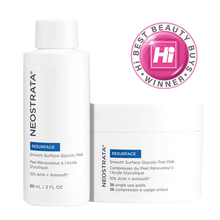 Load image into Gallery viewer, NeoStrata Smooth Surface Glycolic Peel kit containing daily peel pads and a high-strength 10% AHA and Aminofil exfoliating solution.