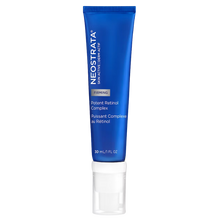 Load image into Gallery viewer, A 30ml (1 fl oz) blue metallic tube of NeoStrata Skin Active Firming Potent Retinol Complex. The vertical tube features a white pump dispenser at the base and a clear protective cap. The label identifies it as a 'Potent Retinol Complex' (Puissant Complexe au Rétinol) designed for firming, formulated with 0.3% pure retinol, 4% niacinamide, and 2% NeoGlucosamine.