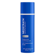 Load image into Gallery viewer, A royal blue 50 g pump bottle of NeoStrata Skin Active Hyaluronic Luminous Lift. The packaging includes the "FIRMING" label and details that the product is a luminous lift treatment designed for hydrating and evening skin tone.