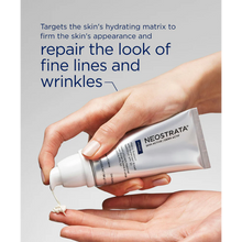 Load image into Gallery viewer, A lifestyle image of a person squeezing a dollop of NeoStrata Matrix Support cream from its silver tube into their palm. Blue text above explains that the formula targets the skin's hydrating matrix to firm appearance and repair the look of fine lines and wrinkles.
