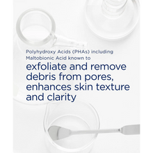 Load image into Gallery viewer, A laboratory-themed image with glass beakers and a metal spatula on a white surface. Dark blue text overlay explains that Polyhydroxy Acids (PHAs), including Maltobionic Acid, are known to exfoliate and remove debris from pores, enhancing skin texture and clarity.
