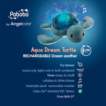 Load image into Gallery viewer, Pabobo Aqua Dream Turtle Rechargeable Ocean Soother features: Cry Sensor, sound/lights/combined mode, Timer, lullabies & white noises, USB Type C, and Oeko-Tex washable plush.