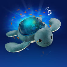 Load image into Gallery viewer, A soft plush turtle soother with a hard, clear dome for projecting soothing ocean light effects onto the ceiling.