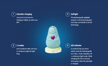 Load image into Gallery viewer, Pabobo Lumilove Barbapapa features: Induction charging, soft reassuring LED light, two modes (1-hour timer or continuous), and an LED indicator for charging status and selected mode.
