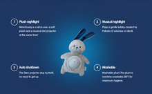 Load image into Gallery viewer, Pabobo Mimi Bunny Plush Projector features: Soft, all-in-one nightlight and musical star projector, auto shutdown timer, and a machine-washable plush body for maximum hygiene.