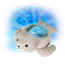 Load image into Gallery viewer, Soft plush Pabobo Seal Aqua Dream baby night light featuring a glowing water effect and calming sounds for bedtime relaxation.