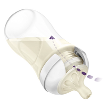 Load image into Gallery viewer, A cross-section diagram of a Philips Avent baby bottle showing the anti-colic valve system. A purple dashed arrow illustrates air being vented away from the nipple and into the back of the bottle to reduce air ingestion during feeding.
