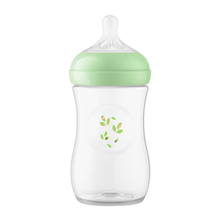 Load image into Gallery viewer, A Philips Avent Natural baby bottle on a white background, featuring a light green screw ring and a small decorative green leaf motif in the center of the bottle.