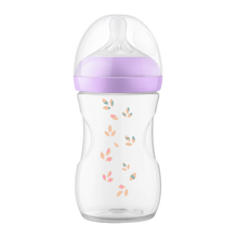 Load image into Gallery viewer, A Philips Avent Natural baby bottle with a light purple screw ring and a decorative pink and blue leaf pattern on the bottle body, shown against a solid black background.