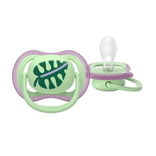 Load image into Gallery viewer, A close-up of a Philips Avent Ultra Air soother (SCF087/13) for girls 6–18m featuring a tropical leaf design and a breathable shield with large airholes.