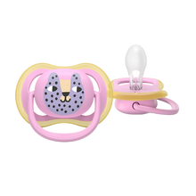 Load image into Gallery viewer, A close-up of a Philips Avent Ultra Air soother (SCF087/13) for girls 6–18m featuring a tiger face design and a breathable shield with large airholes.