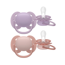 Load image into Gallery viewer, A 2-pack of Philips Avent Ultra Soft soothers (SCF091/43) for girls 6–18m in lavender purple and rose pink with flexible shields for fewer skin marks.