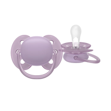 Load image into Gallery viewer, A close-up of a lavender purple Philips Avent Ultra Soft soother (SCF091/43) for girls 6–18m featuring a flexible shield for sensitive skin.