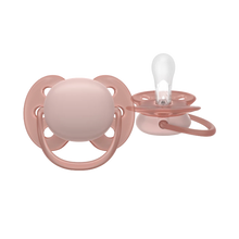 Load image into Gallery viewer, A close-up of a rose pink Philips Avent Ultra Soft soother (SCF091/43) for girls 6–18m featuring a flexible shield for sensitive skin.