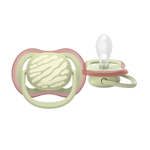 Load image into Gallery viewer, A close-up of a sage green Philips Avent Ultra Air soother (SCF349/51) for 18m+ boys featuring a white wave design and an extra-firm orthodontic teat.