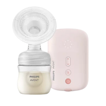 Load image into Gallery viewer, The complete Philips Avent single electric breast pump set, including the collection bottle with expression nozzle and the portable pink electronic controller unit.