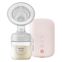 Load image into Gallery viewer, Philips Avent single electric breast pump featuring the expression kit attached to a bottle alongside the pink motor unit