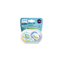 Load image into Gallery viewer, Philips Avent Ultra Air Happy soother 2-pack for 6-18 months. Features plant-based materials, orthodontic nipple, and sterilizing case.