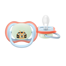 Load image into Gallery viewer, A close-up of a light blue and orange Philips Avent Ultra Air Night Time soother for babies 0–6 months, featuring a sleeping tiger character and a glow-in-the-dark button.