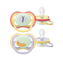 Load image into Gallery viewer, A 2-pack of Philips Avent Ultra Air Nighttime soothers for girls 0–6m featuring butterfly and caterpillar designs with glow-in-the-dark buttons.