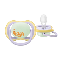 Load image into Gallery viewer, A close-up of a Philips Avent Ultra Air Nighttime soother for 0–6m featuring a caterpillar design and a glow-in-the-dark button for easy night finding.