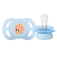 Load image into Gallery viewer, Front and side view of a blue Philips Avent Ultra Air pacifier with a splash character illustration and a clear orthodontic silicone nipple.