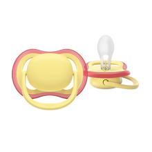 Load image into Gallery viewer, Front and side view of a yellow Philips Avent Ultra Air pacifier with a red trim and clear silicone nipple.