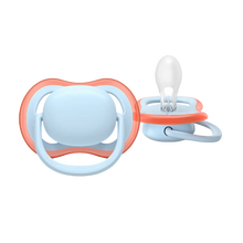 Load image into Gallery viewer, A close-up of a light blue Philips Avent Ultra Air soother for infants 0-6 months, featuring an orange-rimmed shield with large airholes and a clear silicone nipple.