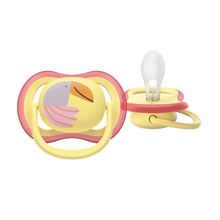 Load image into Gallery viewer, A close-up of a Philips Avent Ultra Air soother for 0–6m featuring a toucan design and a breathable shield with large airholes.
