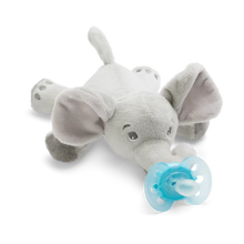 Load image into Gallery viewer, Philips Avent ultra soft snuggle elephant plush toy attached to a blue soothe pacifier, available with free delivery across Malta & Gozo.
