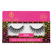 Load image into Gallery viewer, Pinky Goat ARWA lashes in retail packaging with bold, extra-long wisps and dark lash band.