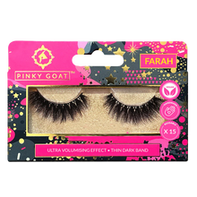 Load image into Gallery viewer, Pinky Goat FARAH lashes in packaging with bold volume and thin dark band. Vegan & reusable.