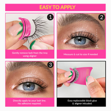 Load image into Gallery viewer, Step-by-step guide showing how to apply Pinky Goat lashes using aligner and glue strip.