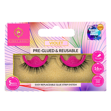 Load image into Gallery viewer, Pinky Goat VIOLET pre-glued lashes in packaging showing 5-sec wear, curl and wispy volume.