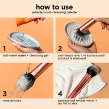 Load image into Gallery viewer, Step-by-step guide to using the Real Techniques Miracle Brush Cleansing Palette with cleansing gel.