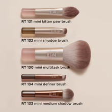 Load image into Gallery viewer, Close-up of the Real Techniques mini makeup brushes labeled RT 131 kitten paw brush, RT 132 smudge brush, RT 130 multitask brush, RT 134 definer brush, and RT 133 medium shadow brush.