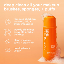 Load image into Gallery viewer, Real Techniques cleansing gel with skincare benefits highlighted: deep clean, clear skin, cruelty-free and vegan.
