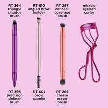 Load image into Gallery viewer, Real Techniques Double Time eye brush and lash curler set with brush labels.