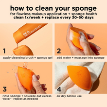 Load image into Gallery viewer, Step-by-step guide showing how to clean a makeup sponge with Real Techniques Cleansing Gel.