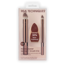 Load image into Gallery viewer, Real Techniques Makeupsaver Sponge and Brush Trio in retail packaging with 90% less makeup absorption claim
