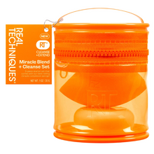 Load image into Gallery viewer, Front packaging view of Real Techniques Miracle Blend + Cleanse Set with sponge and soap visible through tote.