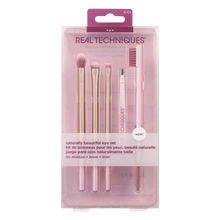 Load image into Gallery viewer, Real Techniques Naturally Beautiful Eye Set, a 5-piece makeup kit featuring eyeshadow brushes, tweezers, and a dual-ended brow spoolie and comb for a complete eye look.